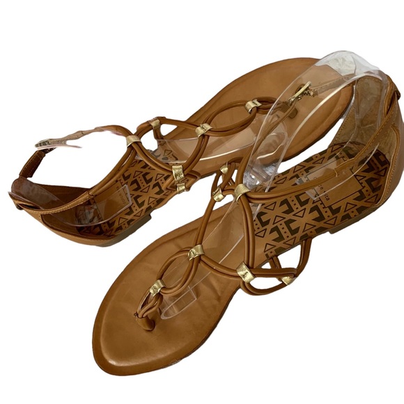 DOLCE VITA T-STRAP GOLD ACCENT CAMEL TAN LEATHER GLADIATOR SANDALS THONG SANDALS - Picture 10 of 14